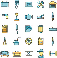 Auto mechanic labor icons set. Outline set of auto mechanic labor vector icons thin line color flat on white