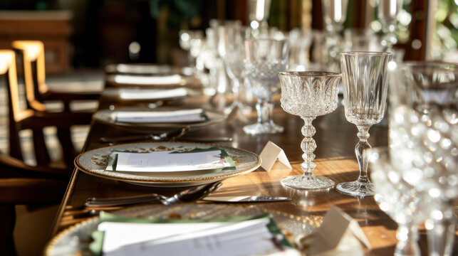  a long table is set with empty wine glasses and place settings for a formal dinner or a formal dinner, with menus and place settings on the side of the table.