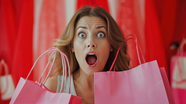Happy And Surprised Woman Holding Shopping Bags And Is Shocked Against A Red Uniform Background. Shopping And Promotion Background
