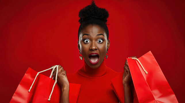 Happy Black Woman Holding Shopping Bags And Is shocked Against A Red Uniform Background. Shopping And Promotion Background