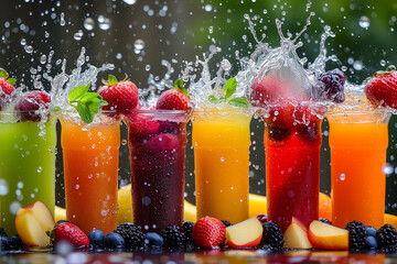 a glass filled with lots of fruit next to lemons and strawberries with water splashing out of it. Illustration of fresh fruit juices with water splashes on a dark background garnished with lots  - obrazy, fototapety, plakaty
