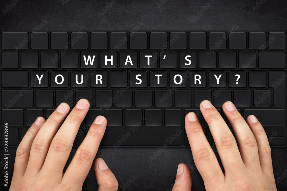 Fototapete what is your story. hands writing in computer keyboard.