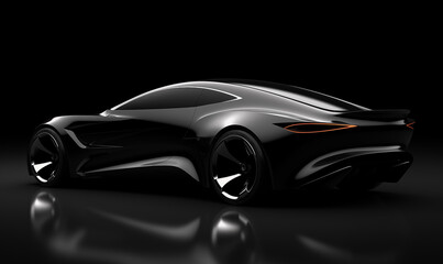 Black luxury sports car. Generic brandless black car with reflection, side view. copy space.	
