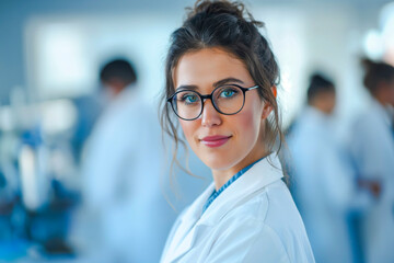 Fototapeta premium Beautiful young woman scientist wearing white coat and glasses in modern Medical Science Laboratory with Team of Specialists on background.