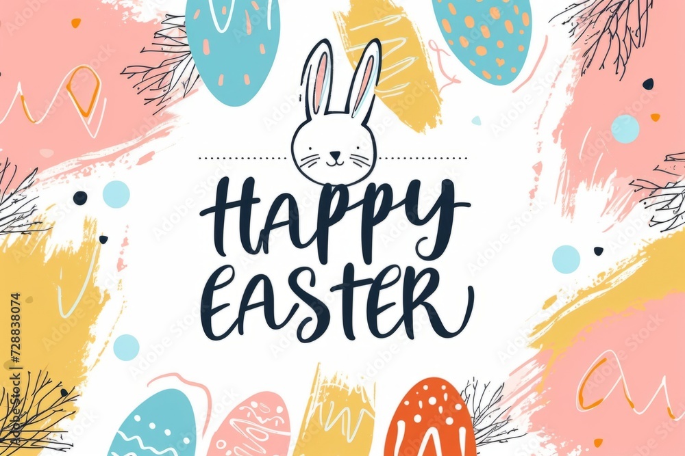 Poster happy easter colorful eggs with a bunny on a pink background generative ai