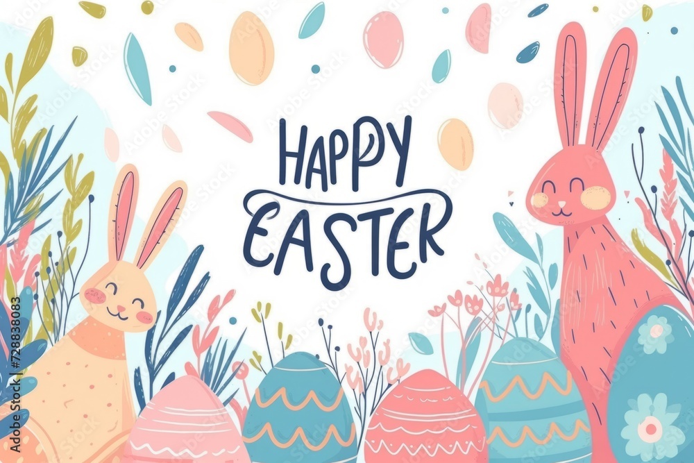 Poster happy easter with colorful egg border and rabbits generative ai