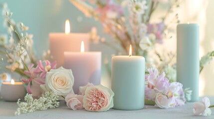  a group of white candles sitting next to each other on top of a table with pink and white flowers on the side of the candles and a bouquet of pink and white flowers.