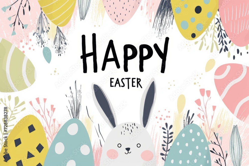 Poster happy easter with colorful egg border and rabbits generative ai
