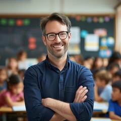 Fototapeta premium Smiling Male Teacher in Glasses with Arms Crossed in Front of a Classroom Full of Eager Elementary School Students