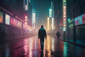 Businessman walking in the city at night. Rear view of a man walking on the street at night....