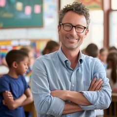 Fototapeta premium Smiling Male Teacher in Glasses with Arms Crossed in Front of a Classroom Full of Eager Elementary School Students