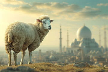 Obraz premium Eid al Adha banner background goat front mosque