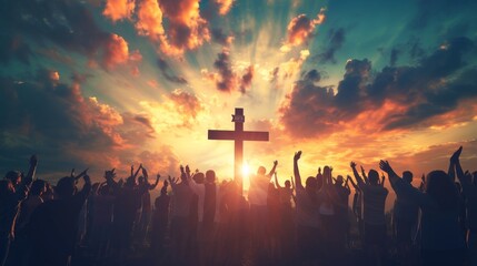 Silhouettes of Worshipers with Uplifted Hands at Sunset Praising before a Christian Cross