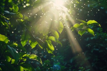 Fototapeta premium Fresh Greenery in Forest with Sunlight Filtering through Leaves