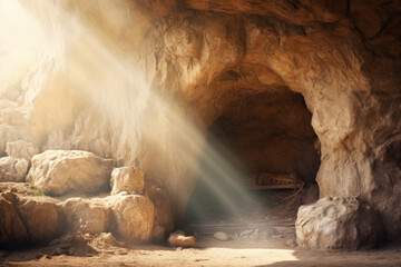 Jesus tomb stone rolled away light inside, cave - obrazy, fototapety, plakaty
