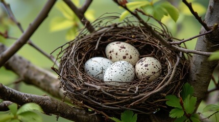Naklejka na ściany i meble a bird's nest with four eggs sitting on top of a tree branch with green leaves in the foreground and a blurry background of green leaves in the foreground.