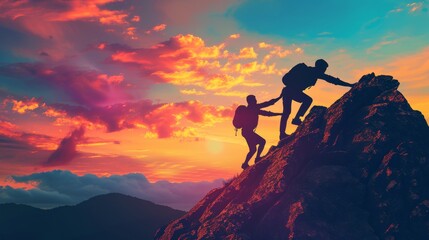 Fototapeta premium Helping Hand at the Summit: Silhouetted Figures Against a Sunset Mountain Backdrop