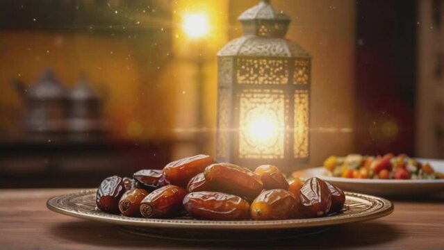 ramadan background, plate of dates with arabic lantern lamp