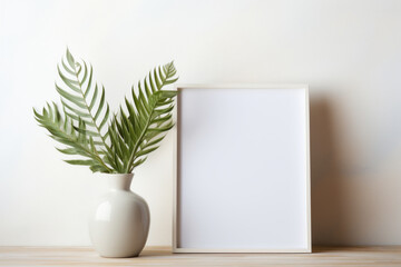 A white vase is filled with a vibrant green plant and empty photo frame on wooden table. Minimal mock up template concept - obrazy, fototapety, plakaty