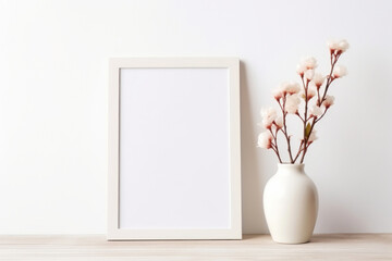 Ceramic vase with branch of blooming cherry tree and white photo frame border on minimal wall and wooden table. Mock up template product placement concept