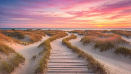 Malowniczy zachód słońca nad ścieżką przez wydmy plażowe - obrazy, fototapety, plakaty