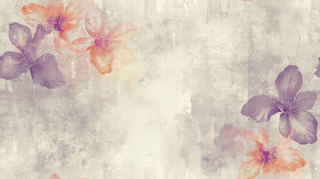 a painting of purple and orange flowers on a white and pink background with a grunge effect to the bottom of the image and bottom half of the image.