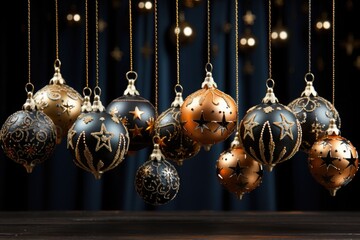 Decorative Christmas ornaments hanging from strings against a dark backdrop