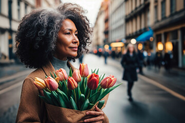 An elderly black woman with a bouquet of spring tulips against a city street.