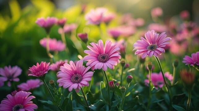  a bunch of pink flowers that are blooming in a field with the sun shining through the leaves of the flowers on the right side of the picture, and the flowers on the left side of the.