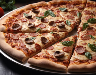 Delicious Pizza with Pepperoni, Olives and Basil