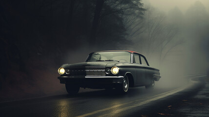 classic car with headlights on road in a foggy forest in autumn in the fog at night. The mystical atmosphere of a thriller