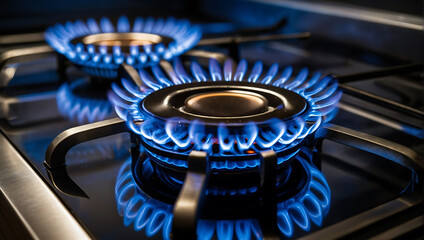 Niebieski płomień na nowoczesnej kuchence gazowej - obrazy, fototapety, plakaty