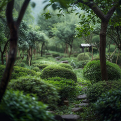 Fototapeta premium Serene Tea Garden Pathway Surrounded by Lush Greenery