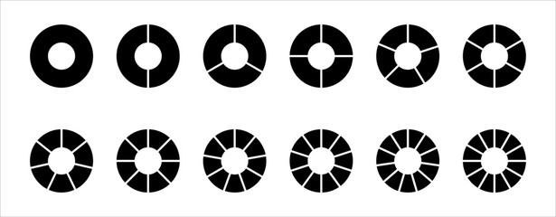 Segmented circles set isolated. Pie chart with segments. Round shapes cut in equal slices. PNG