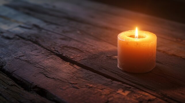  a close up of a lit candle on a wooden table with only one candle in the middle of the picture and one lit candle in the middle of the picture.