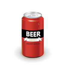 Red beer can on white background, vector