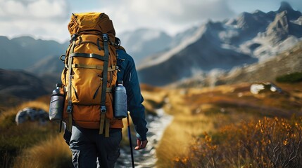 traveler with backpack in the mountains - obrazy, fototapety, plakaty