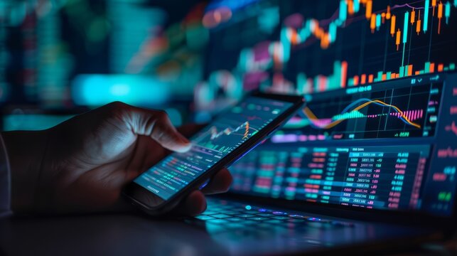 trader hand with mobile phone and computer screens with trading candlestick charts