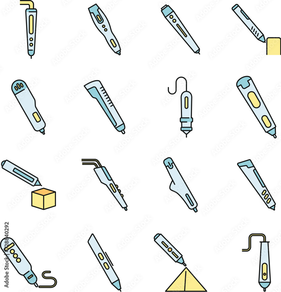 Poster 3d pen model icons set. outline set of 3d pen model vector icons thin line color flat on white