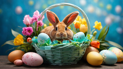 Rabbit among colorful eggs in a basket, on blue background.  Happy Easter Day