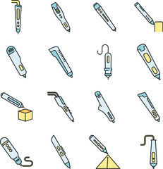 3d pen model icons set. Outline set of 3d pen model vector icons thin line color flat on white