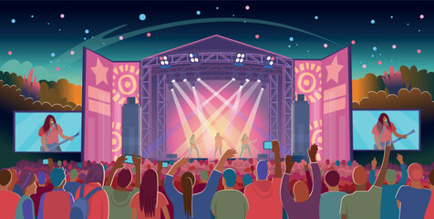 Open air music festival. Music Stages, vector illustration of a crowd of fans waving their arms, dancing, shooting video on their phone. Bright illustration, hand draw, objects grouped and layered.