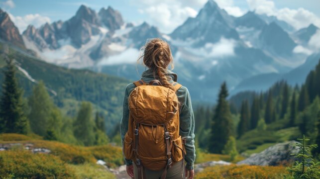 a woman with a backpack stands on a trail in front of a mountain range with pine trees and tall, evergreen - covered mountains in the distance, with clouds in the foreground.