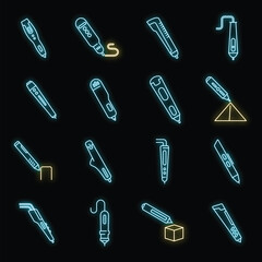 3d pen model icons set. Outline set of 3d pen model vector icons neon color on black