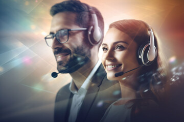 A man and a woman, both wearing headsets, are smiling and looking ahead with a colorful bokeh light background. professional and optimistic mood, customer service excellence.