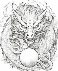 Coloring book with dragon illustration black and white outline. Mythical dragon with an egg. Dragon art, sketch, simple drawing, print, drawing concept with dragon and eggs.
