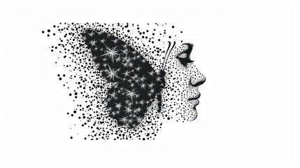  a black and white drawing of a woman's face with dots on the side of her face and a black and white drawing of a woman's head.