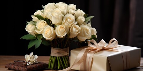 A bouquet of white roses with a silk ribbon on a table by the window