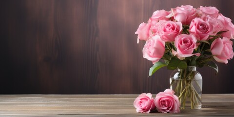 Bouquet of pink roses in a glass vase on a wooden background. Generative AI