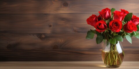 Bouquet of red roses in a glass vase on a wooden background, for advertising or text, Generative AI